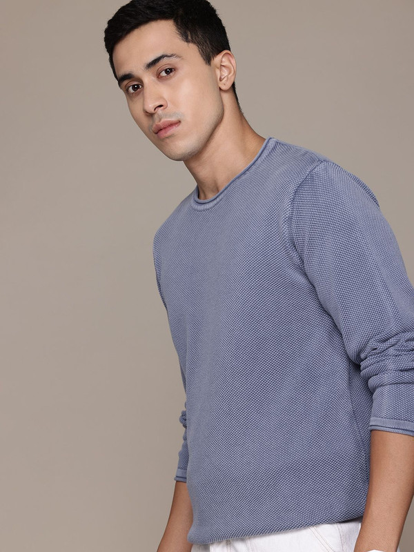 Roadster Solid Round Neck Casual Men Blue Sweater