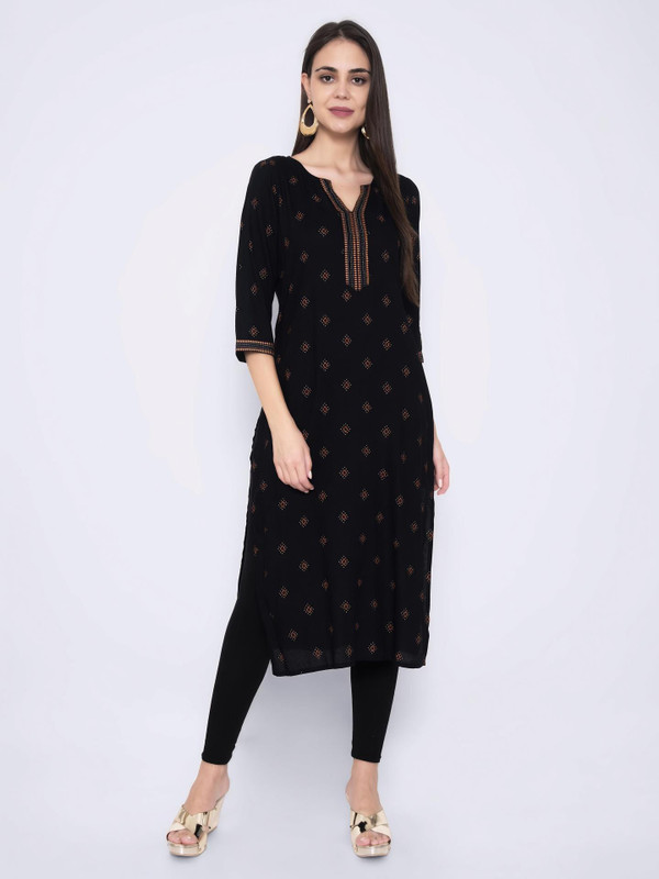 God Bless Women Printed Straight Kurta(Black)
