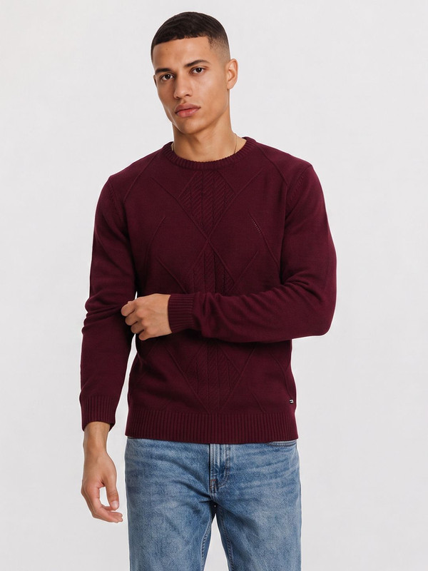 Roadster Self Design Round Neck Casual Men Maroon Sweater