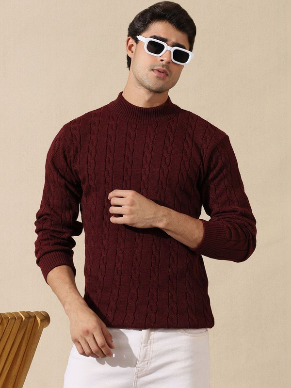 Roadster Solid High Neck Casual Men Maroon Sweater