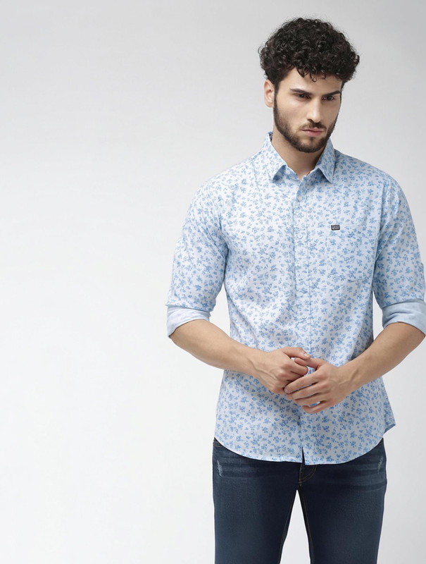 The Indian Garage Co. Men Printed Casual Light Blue Shirt