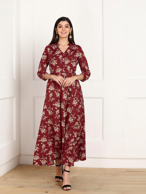 Tokyo Talkies Women Maxi Maroon Full Length Dress