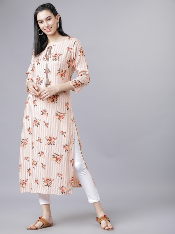 Vishudh Women Floral Print, Striped Straight Kurta(Multicolor)