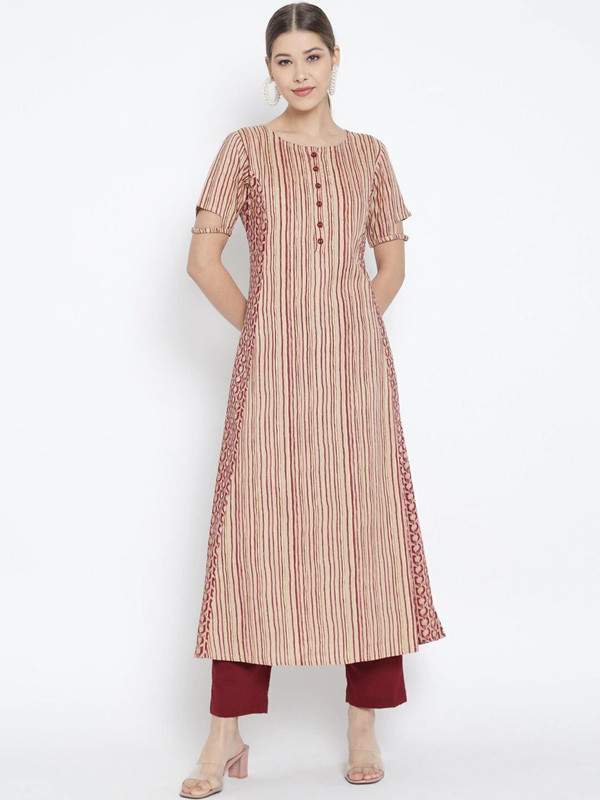 Yash Gallery Women Floral Print A-line Kurta(Beige)