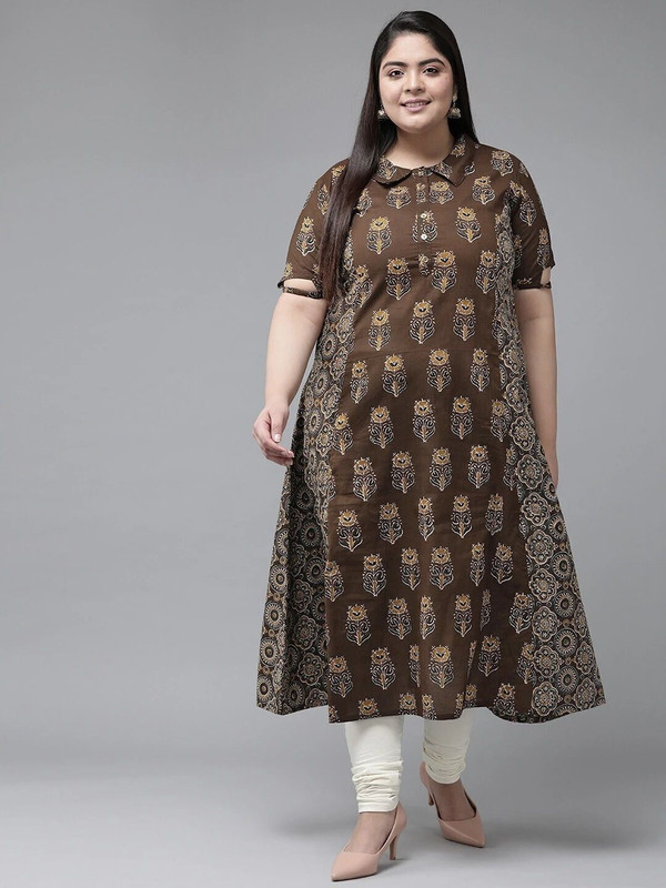 Yash Gallery Women Floral Print A-line Kurta(Brown)