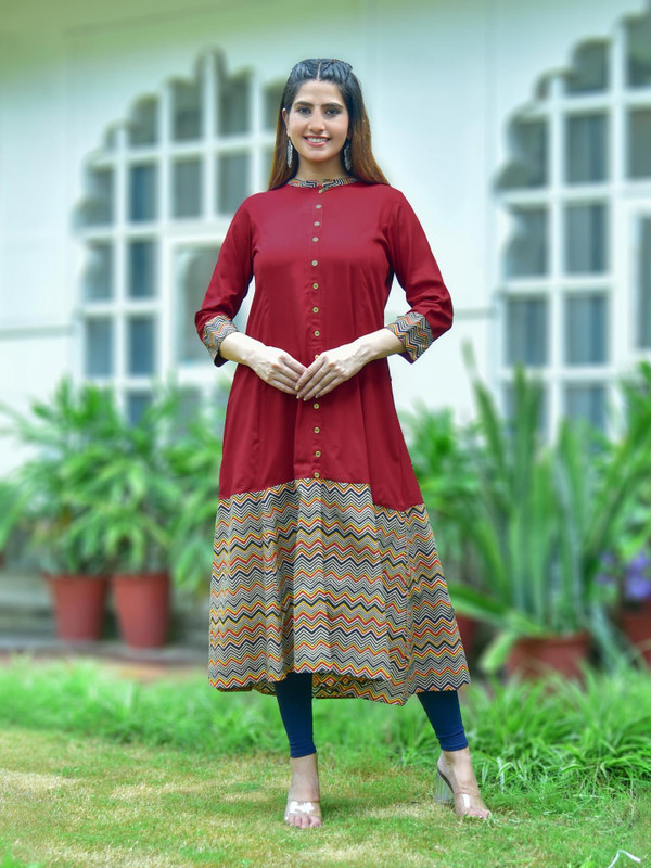 Yash Gallery Women Printed A-line Kurta(Maroon)