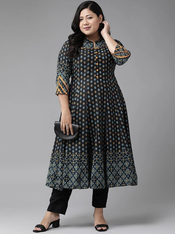 Yash Gallery Women Printed Anarkali Kurta(Black)