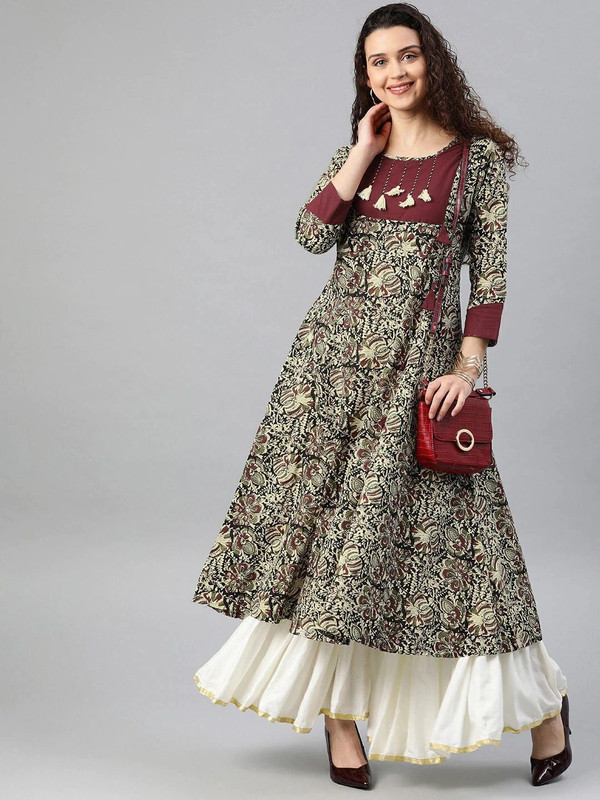 Yash Gallery Women Printed Anarkali Kurta(Maroon)