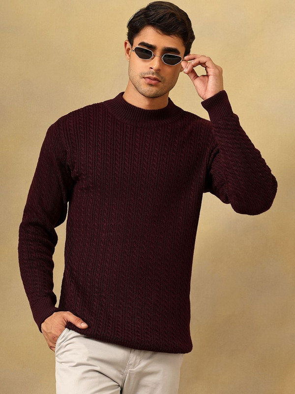 Roadster Solid High Neck Casual Men Maroon Sweater