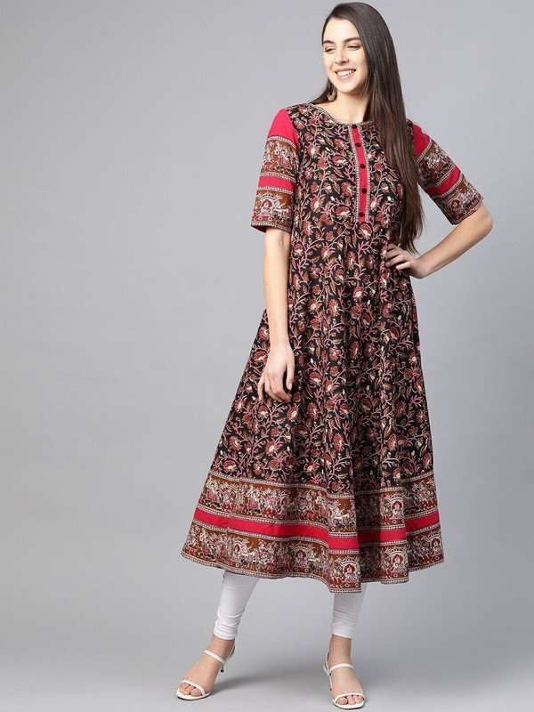 Yash Gallery Women Floral Print Anarkali Kurta(Black)